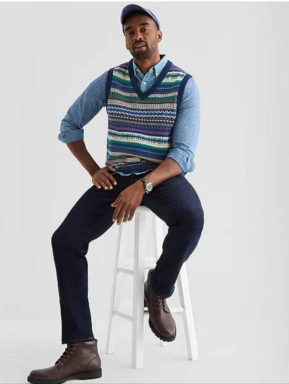 St. John's Bay Navy Fairisle V-Neck Sweater Vest - Picture 3 of 8